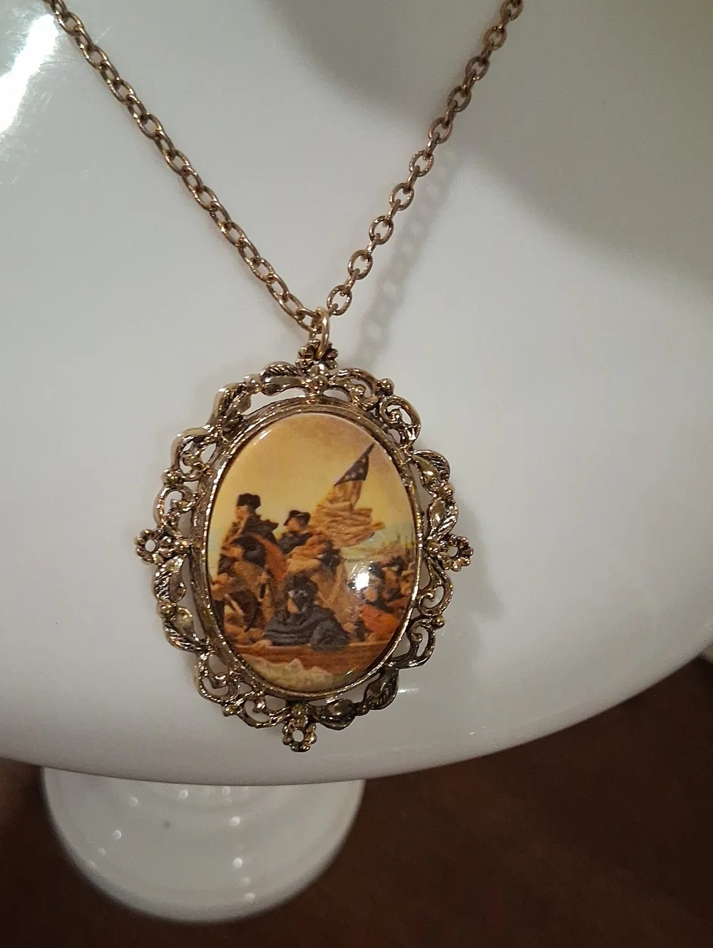 Gold-Tone Oval Historical Print Pendant Necklace / Brooch Cameo